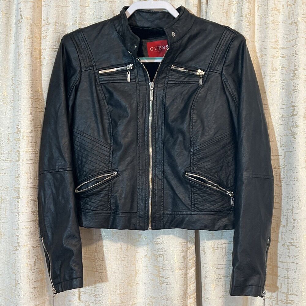 GUESS‎ Los Angeles Faux Leather Biker Jacket Black Faux Fur Lined Women's Medium